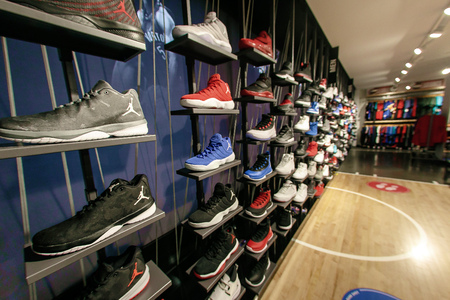 New York, October 20, 2017: Assortment of Air Jordan sneakers on sale in the NBA store in Manhattan.のeditorial素材