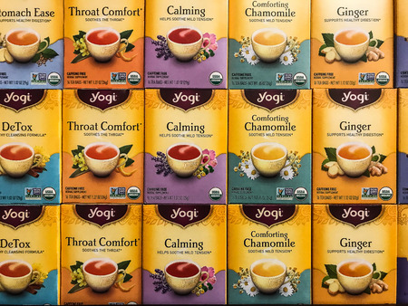 Variety of Yogi herbal teas on sale in a deli in Manhattan.のeditorial素材