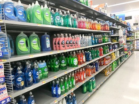 Dawn cleaning products stand on shelves of a Walmart store.のeditorial素材