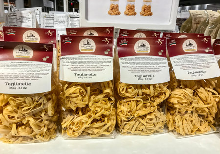 Boston, October 29, 2017: Fresh pasta for sale on a shelf in a high end grocery store.のeditorial素材