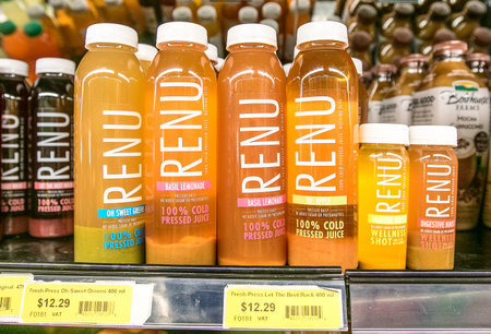 Holetown, Barbados, 03-19-2018: Renu healthy drinks on the shelf of a local supermarket.のeditorial素材