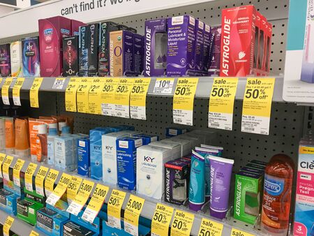 Park City, UT, 12/28/2018: Personal lubricant on the shelves of a Walgreens drug store.のeditorial素材