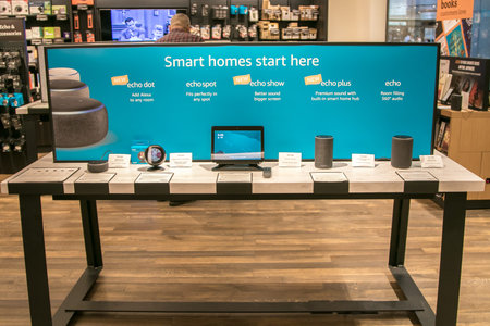 New York, 3/4/2019: Different Amazon Echo units are put on display at Amazon Books store in...