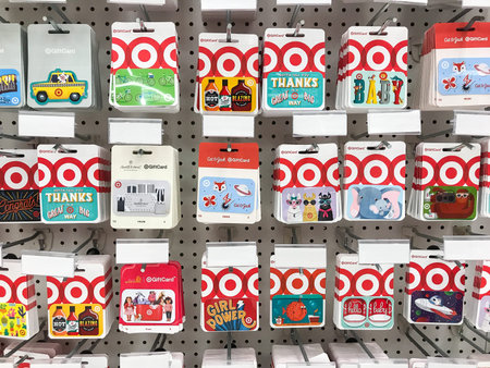 Bridgewater, NJ, 8/3/2019: Collection of Target gift cards hang for sale at the department store.のeditorial素材