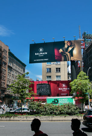 New York, 6/15/2019: View of a large Balmain store advertisement as seen from Houston Street.