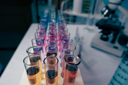 Test tubes with colorful chemicalsの写真素材