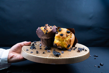 Woman holding chocolate and raisin muffin on plate. Copy space