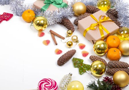 Christmas decorations on white background.copy spaceの写真素材