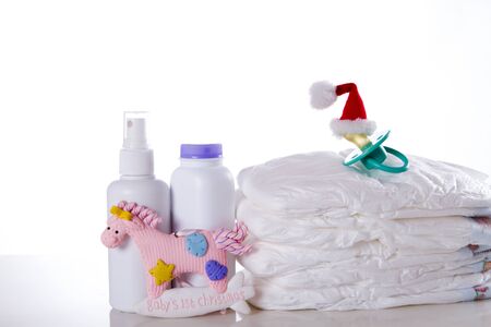 concept first Christmas New Year baby. things on a white backgroundの写真素材