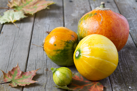 Three yellow small pumpkin and maple leaves on old wooden background Fall Harvest Halloweenの写真素材