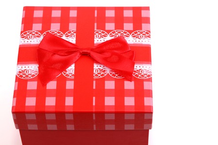 red gift box with bow top view of the cover. Valentineの写真素材