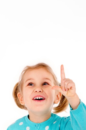Portrait of handsome caucasian girl with inspired facial expression who just has got an idea. Isolated on white backgroundの写真素材