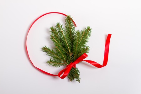 Preparing for Christmas. Christmas candy canes, cinnamon and fir branches. Flat lay, top viewの写真素材