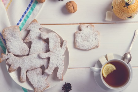 Homemade cookies and honey and lemon tea for Breakfast.の写真素材