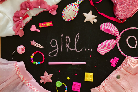 Top view of the girlish spring-summer accessoriesの写真素材