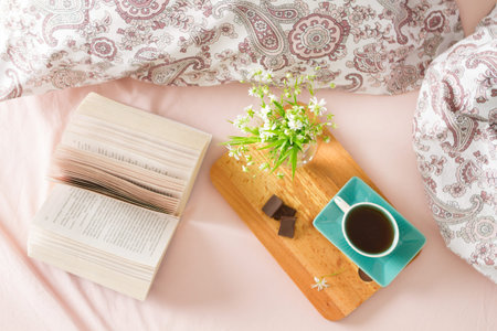 Spring still life. Breakfast in bed.