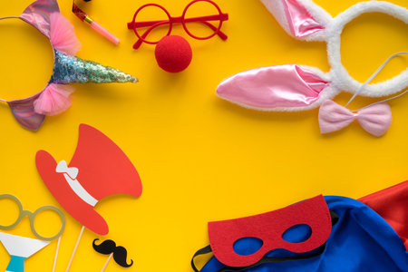 carnival party celebration concept. Top view. Accessories attributes for New Year's masquerade -...