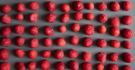Pattern made of fresh berry, raspberry. Fresh fruits. Flat lay, top view, square.