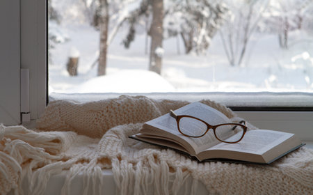 Warm, cozy white captivity, glasses and a book, overlooking the snow-covered village. cozy winter.の写真素材