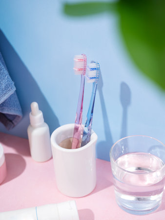 Toothbrushes in a cup, toothpaste, toothpaste, a glass of water. bath towels on a blue and pink background. Glamorous dental careの写真素材