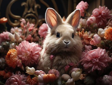 Cute fluffy rabbit in an armful of flowers. Shallow depth of field. Happy Easter day concept and idea.の素材