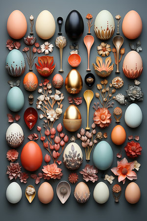 knolling eggs. Colorful Easter eggs backgroundの素材