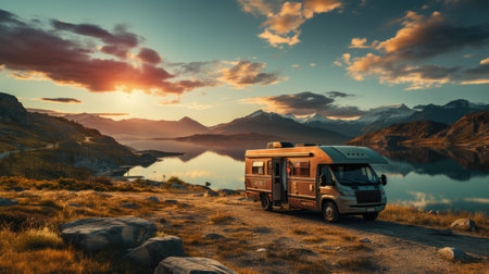 Family vacation travel RV, holiday trip in motorhome, Caravan car Vacation.の素材