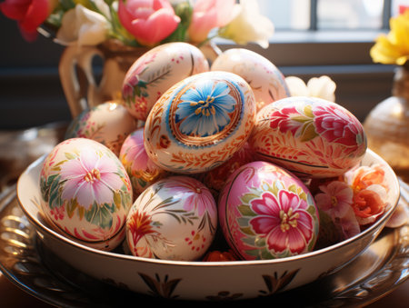 painted Easter eggs on a beautiful dish.の素材