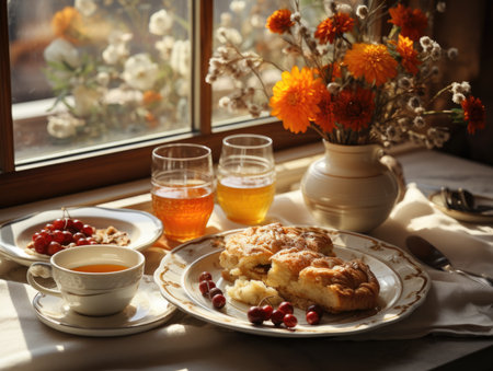 Autumn cozy composition. A cup of tea, berries and pie, yellow leaves on the windowsill near the window, an autumn bouquet of red flowers. Autumn, fall concept.の素材