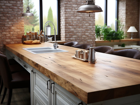 Luxury high-end kitchen with brick walls and island with wood countertopの素材