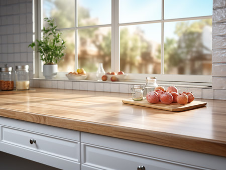 kitchen and table opposite the window, wide large wooden tabletopの素材