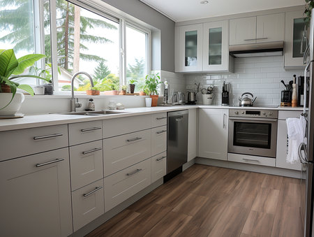 Modern white corner kitchen with modern appliances, faucet facing window, wood floors.の素材