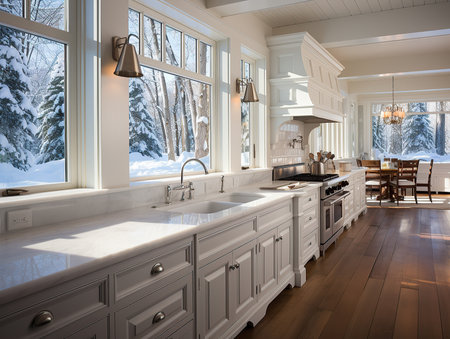 Modern huge kitchen with white marble countertops and wood floors. Kitchen-living room in a classic style, winter landscape outside the window.の素材