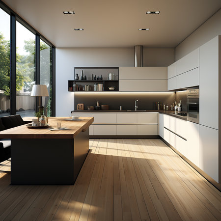 3D rendering of a modern kitchen in a country house. Separate island table, wood floors and black countertops with backsplash in white kitchen.の素材