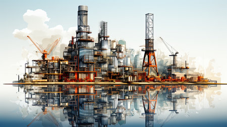 Oil refinery for gas or petroleum manufacturing industry outline concept. Chemical crude transformation into fuel or diesel illustration. Industrial plant station with pipeline and chimneys.の素材