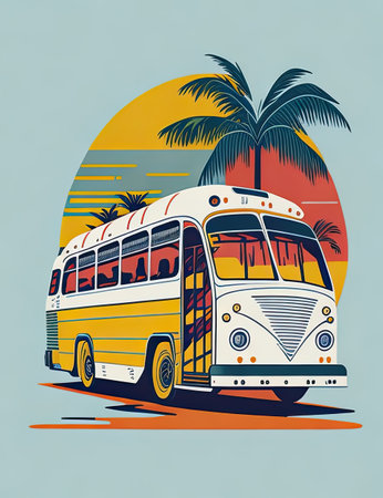 Vintage bus on the background of palm trees. illustration.の素材