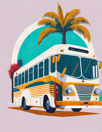Bus with palm tree in the background. illustration in retro style.の素材
