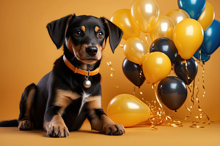 Portrait of a cute black and tan Rottweiler puppy with balloons on yellow background. black friday and cyber mondayの素材