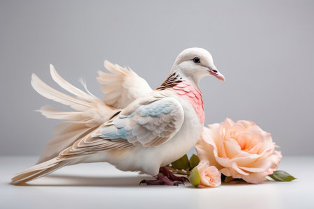 Hand holding a pink dove on gray background. Love and tenderness concept.の素材