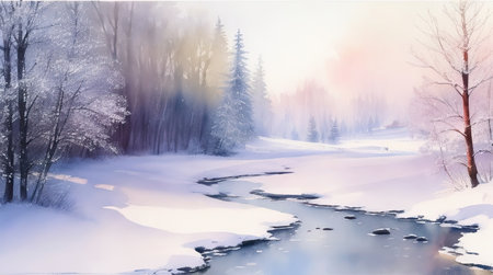 Winter time watercolor landscape with frozen lake, blue sky, sunset, trees. Hand drawn watercolor illustration. Can be used for Christmas holiday postcards, posters, wallpaper, websites, printsの素材