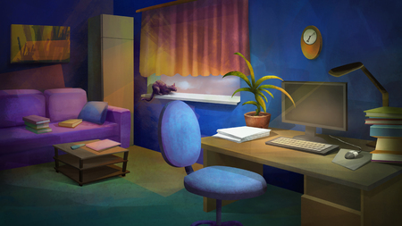 Drawn by Drawing room with a computer and a table and a cat. Atmospheric.の写真素材