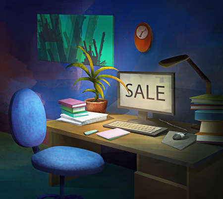 Drawn. Drawing room with a computer and a table and a cat. Atmospheric.の写真素材