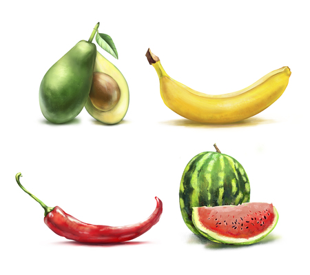 Food set.Set from drawn banana, pepper, avocado and watermelon isolated on white backgroundの写真素材