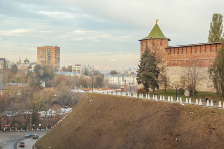 Koromyslov Tower of the Kremlin and the historical part of the city in Nizhny Novgorod in the autumnの写真素材