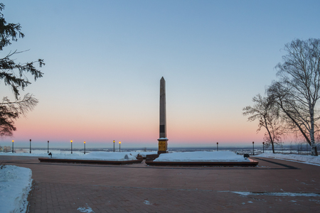 Obelisk to citizen Minin and Prince Pozharsky in the Nizhny Novgorod Kremlin on a morning winter dayの写真素材