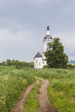 View of the Church of St. Nicholas in the Abraham Epiphany Monastery from a dirt road in Rostov Veliky, Yaroslavl Regionの写真素材