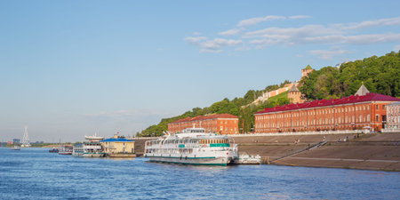 Passenger river boat on the background of the Nizhny Novgorod kremlin