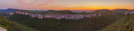 Panoramic view of the mountains near Bakhchisarai in the Republic of Crimea at sunsetの写真素材