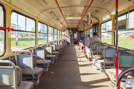 Interior of city tram at summerのeditorial素材