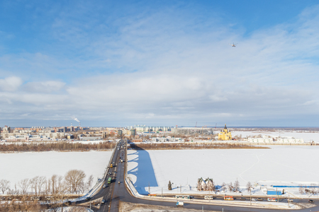 View of the Nizhny Novgorod Arrow and Bridge at Winter, Russiaのeditorial素材